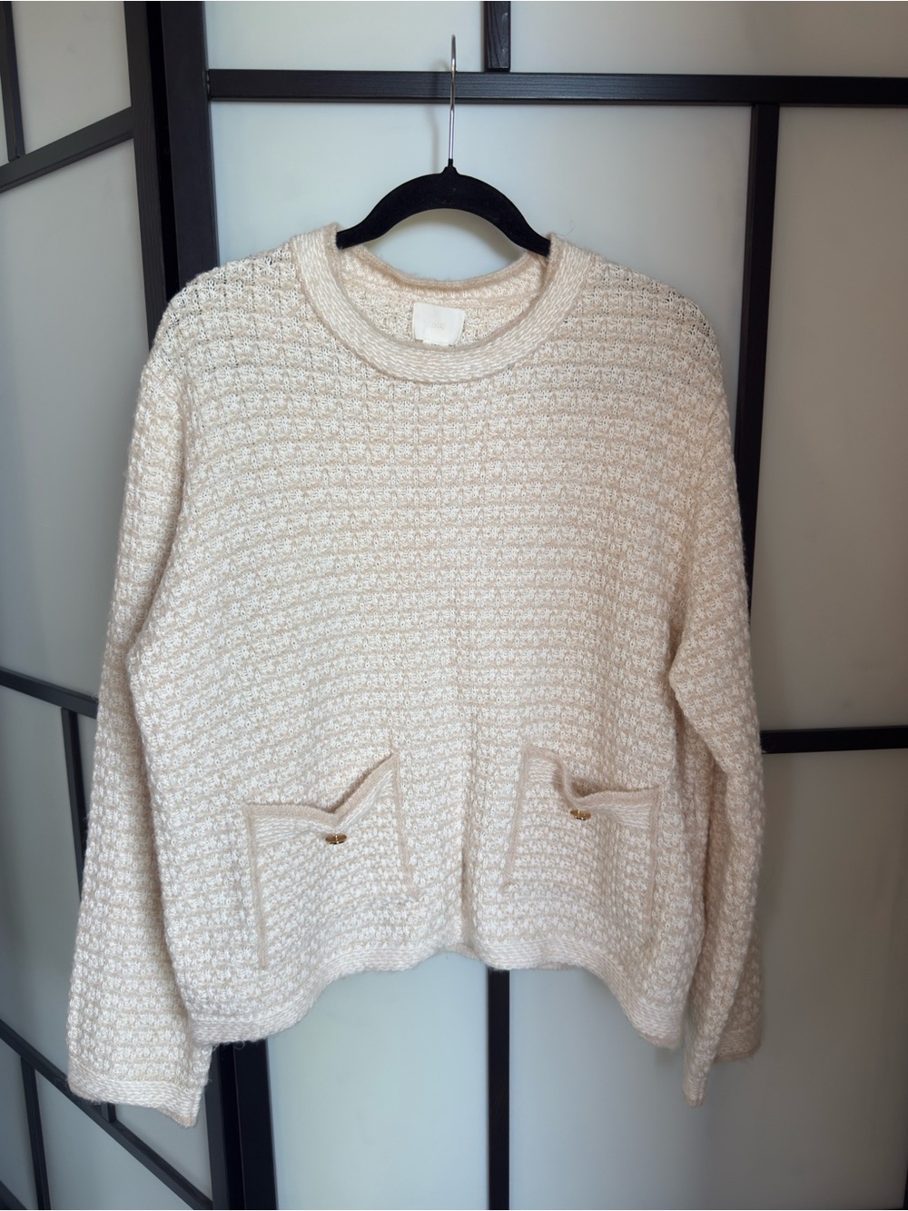 Cream Knit Pocket Sweater With Gold Button